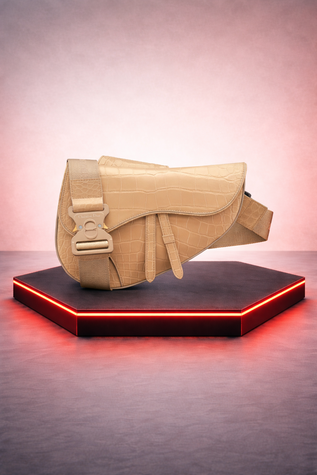 Saddle pouch in beige matte alligator leather